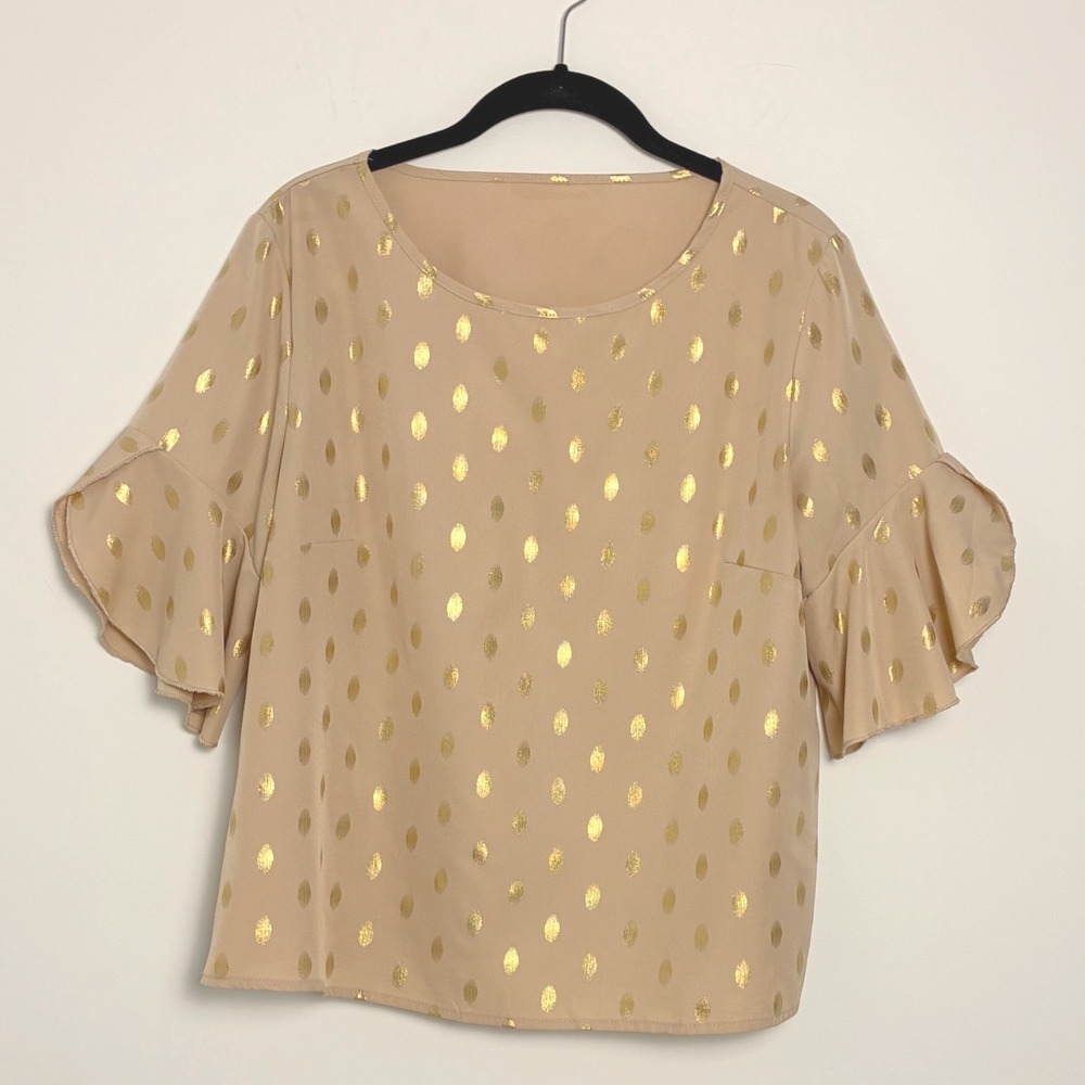 Emery Rose Romantic Dainty Blouse Mauve Blush Gold Animal Spots Ruffle Sleeve M